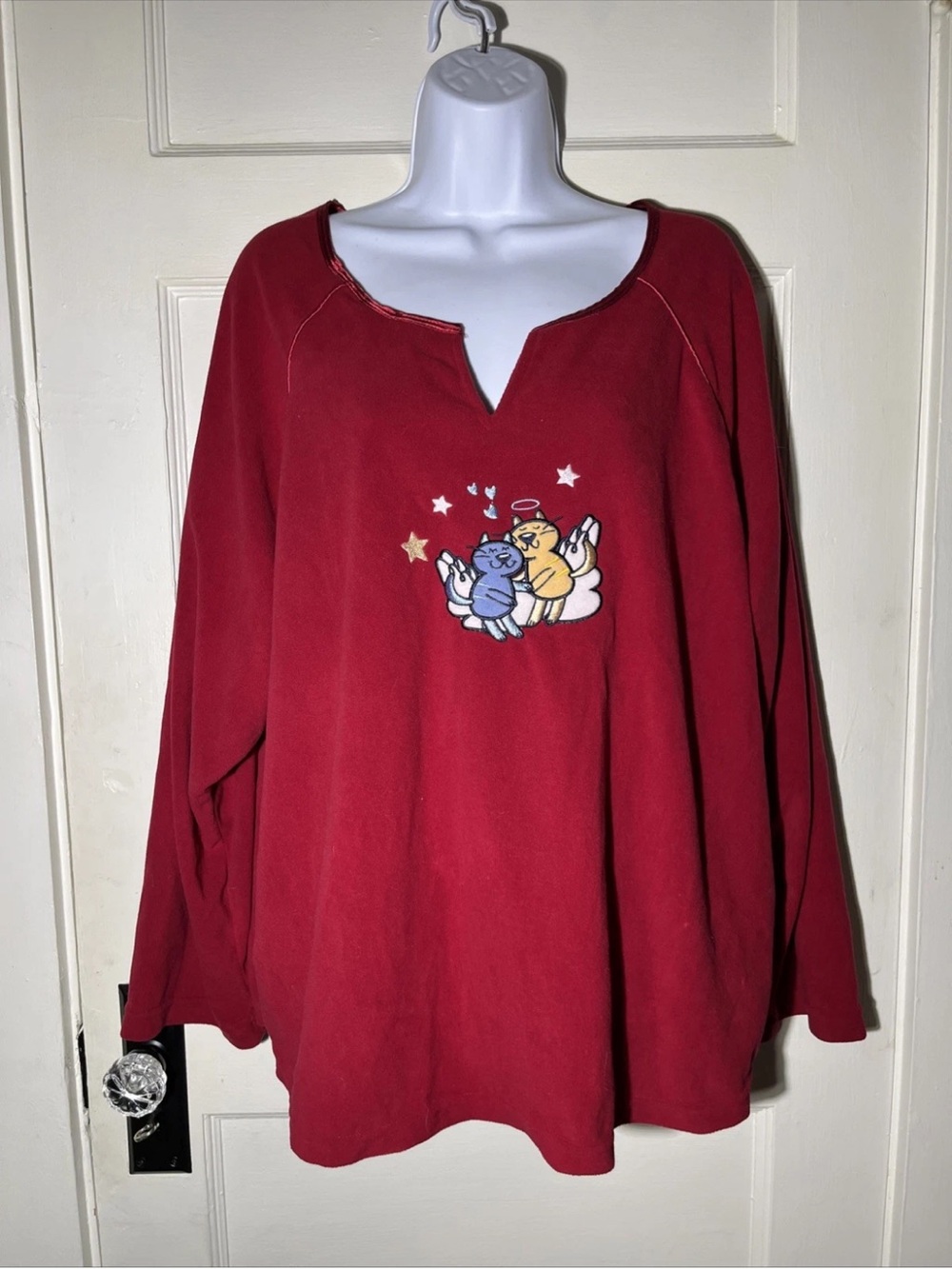 Women’s Pullover Fleece Sweater Dressbarn Red V Neck Cats NWT